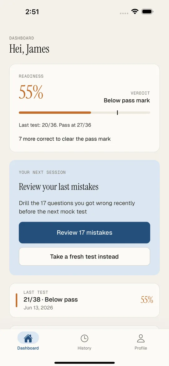 Dashboard showing your readiness score and next study session