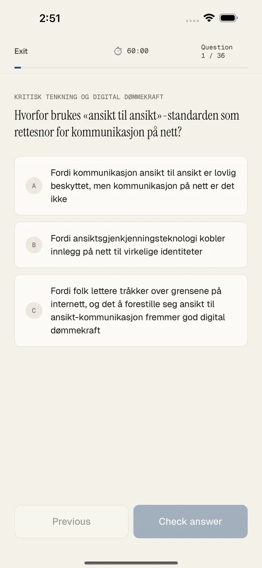 Practice question with a timer and answer options
